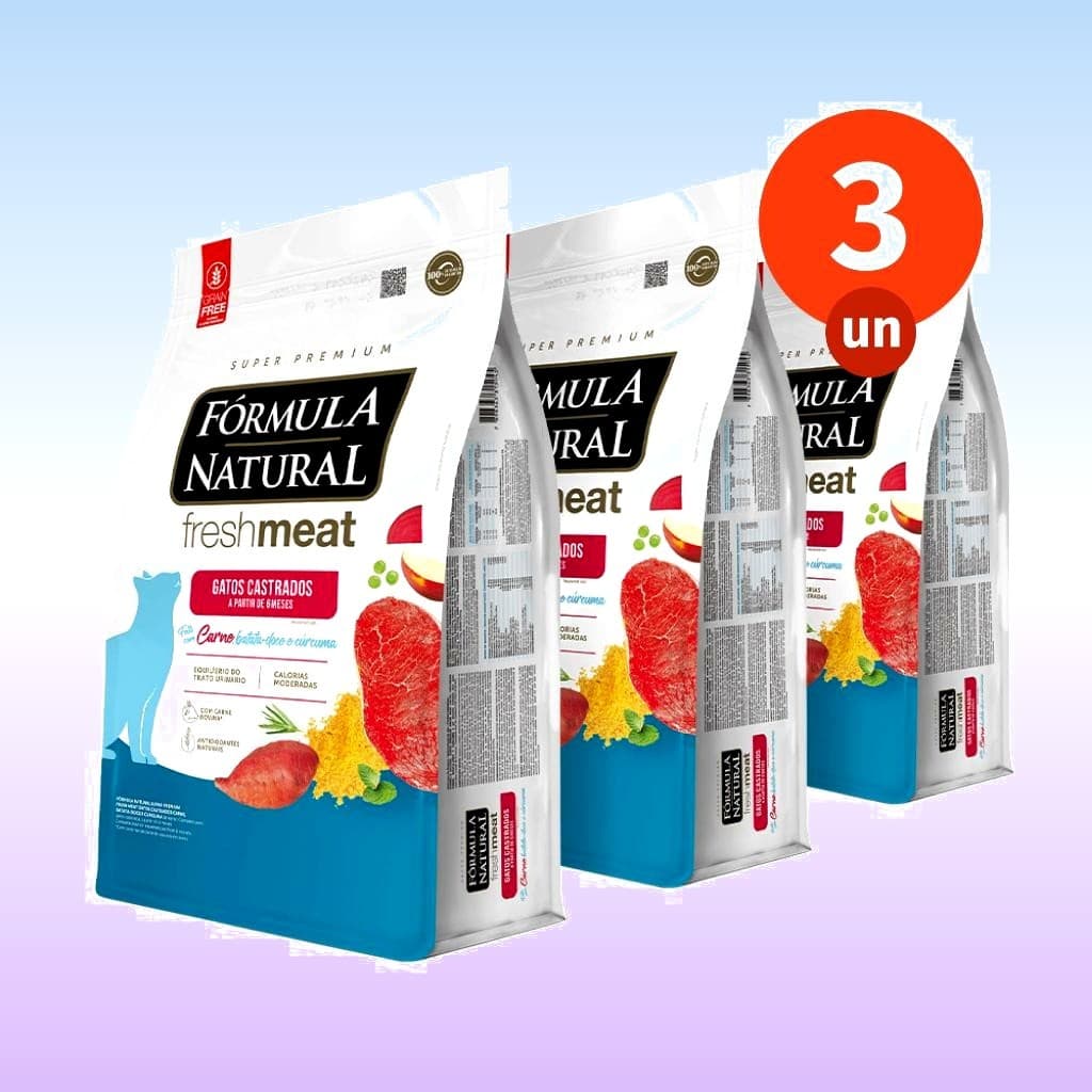 Kit Ração Seca 3 Fórmula Natural Fresh Meat Gatos Castrados Sabor Carne 1 KG Adimax