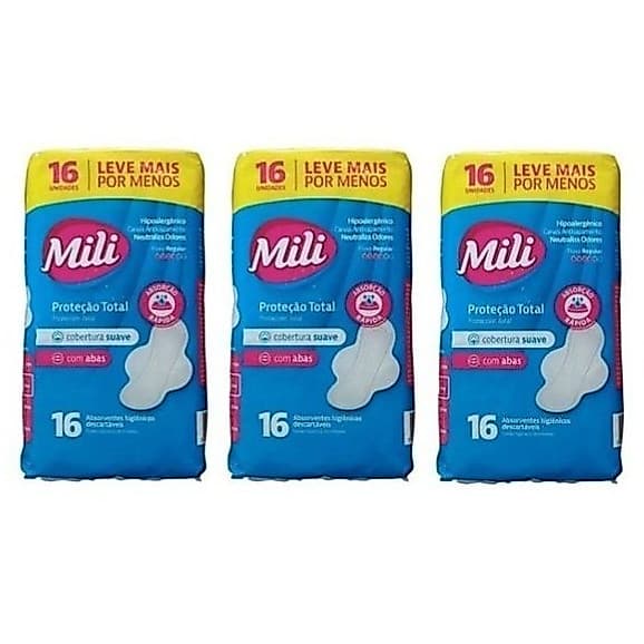 Absorvente Mili Suave Proteção Total com Abas 16 Unidades Kit com 3 unidades