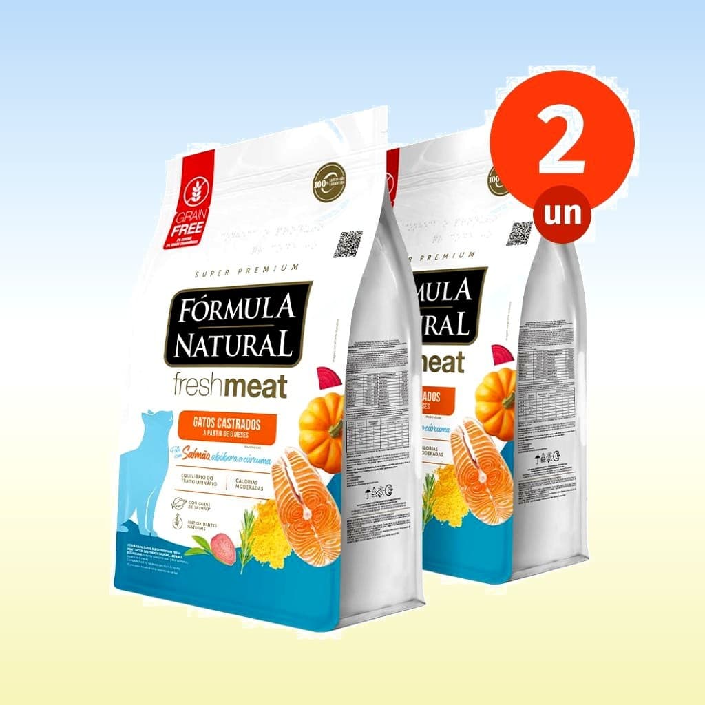 Kit Ração Seca 2 Fórmula Natural Fresh Meat Gatos Castrados Sabor Salmão 1 KG Adimax