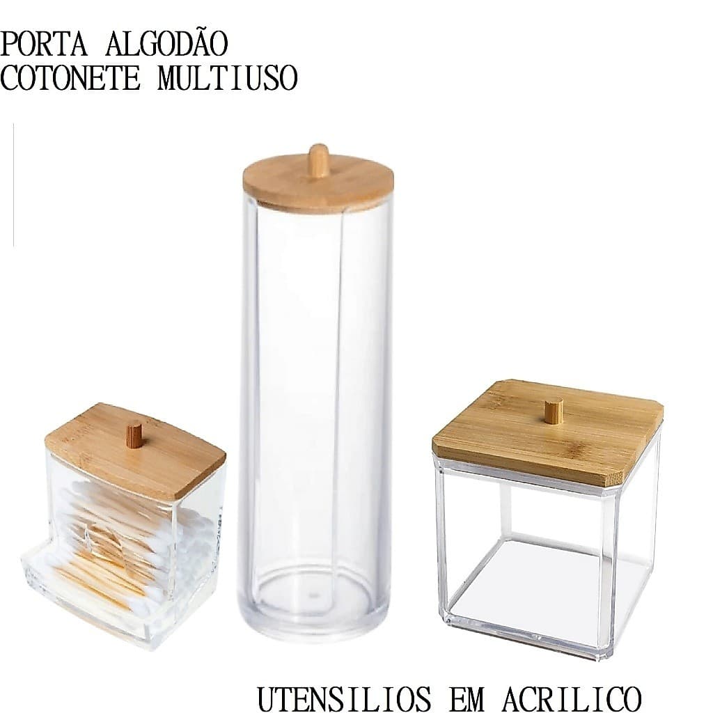 Conjunto Porta Algodão Disco Bambu 17.8x6.6cm Acrílico 9.3x9x7cm Cotonete Organizador 8.7x7x4Cm