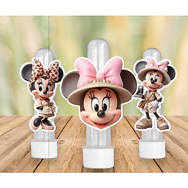 30 Apliques para Tubete Doces Bolo - Tema MINNIE ROSA SAFARI - Lembrancinhas Divertidas para Sua Festas