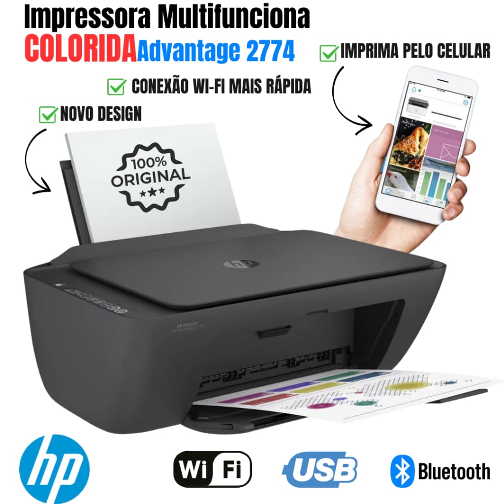 Impressora Multifuncional HP Deskjet Advantage, Wifi, Bluetooth, USB, Imprime Do Celular - Monocromática/Colorida