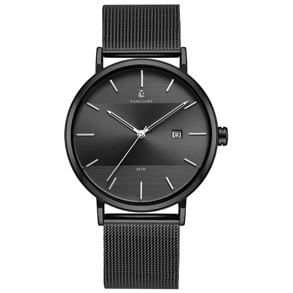 Relógio Feminino Preto All Black Slim Minimalista Pulseira Mesh Aço Inox Vanglore Selecty 33mm