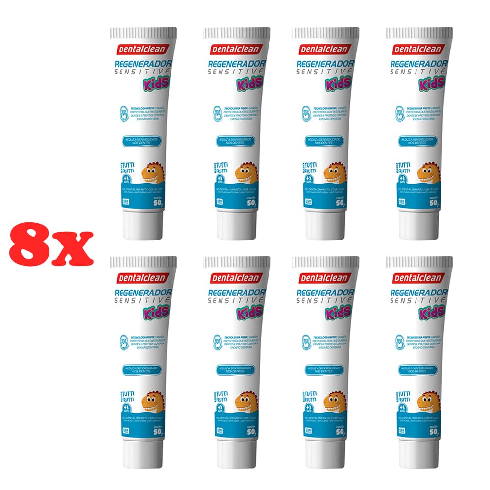 8x Gel Dental Dentalclean Regenerador Sensitive Kids com Flúor Sabor Tutti-Frutti 50g