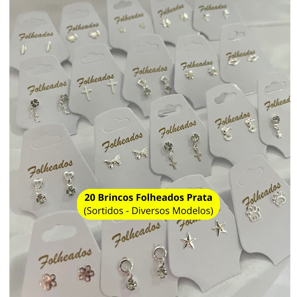 KIT 20 Pares Brincos Pequenos Folheados Prata Sortido Antialergico com Garantia Revenda Segundo furo