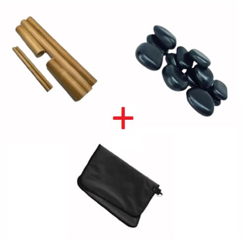Kit 12 Pedras para Massagem com Bolsa e kit Bambu Pedras Quentes Vulcanicas Bambuterapia