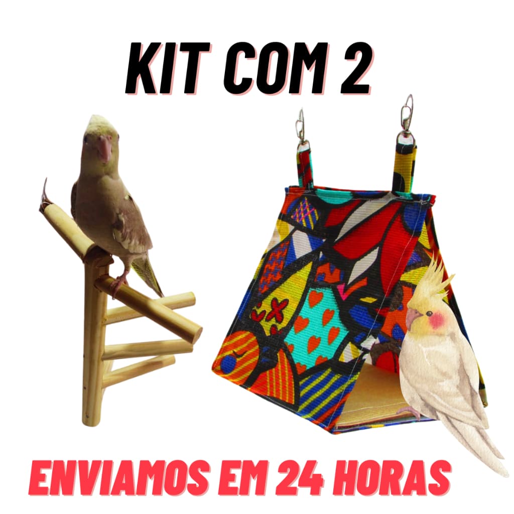 kit 2 Brinquedos Calopsita Cabana + Escada Madeira Circular Periquitos Arapongas Aves De Pequeno Porte