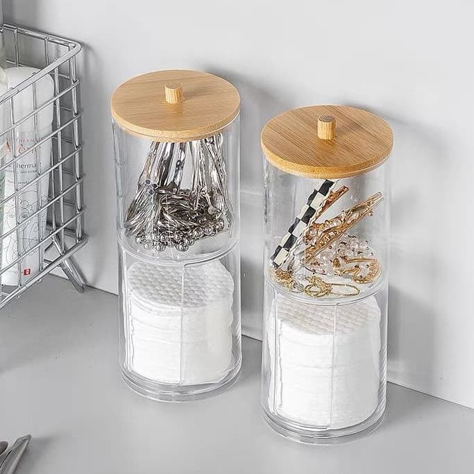 Porta Cotonetes Acrílico 19x6cm Camada Dupla Organizador Disco Algodão Ou Bambu 17.5x8cm Maquiagem