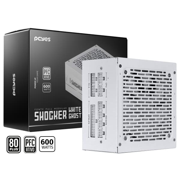 Fonte de Alimentação Gamer Pcyes Shocker 600W Branca 80 Plus White Full Modular Atx