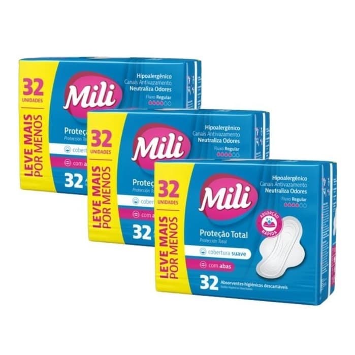 Kit 3 Absorvente Mili Proteção Total Suave com Abas 32un