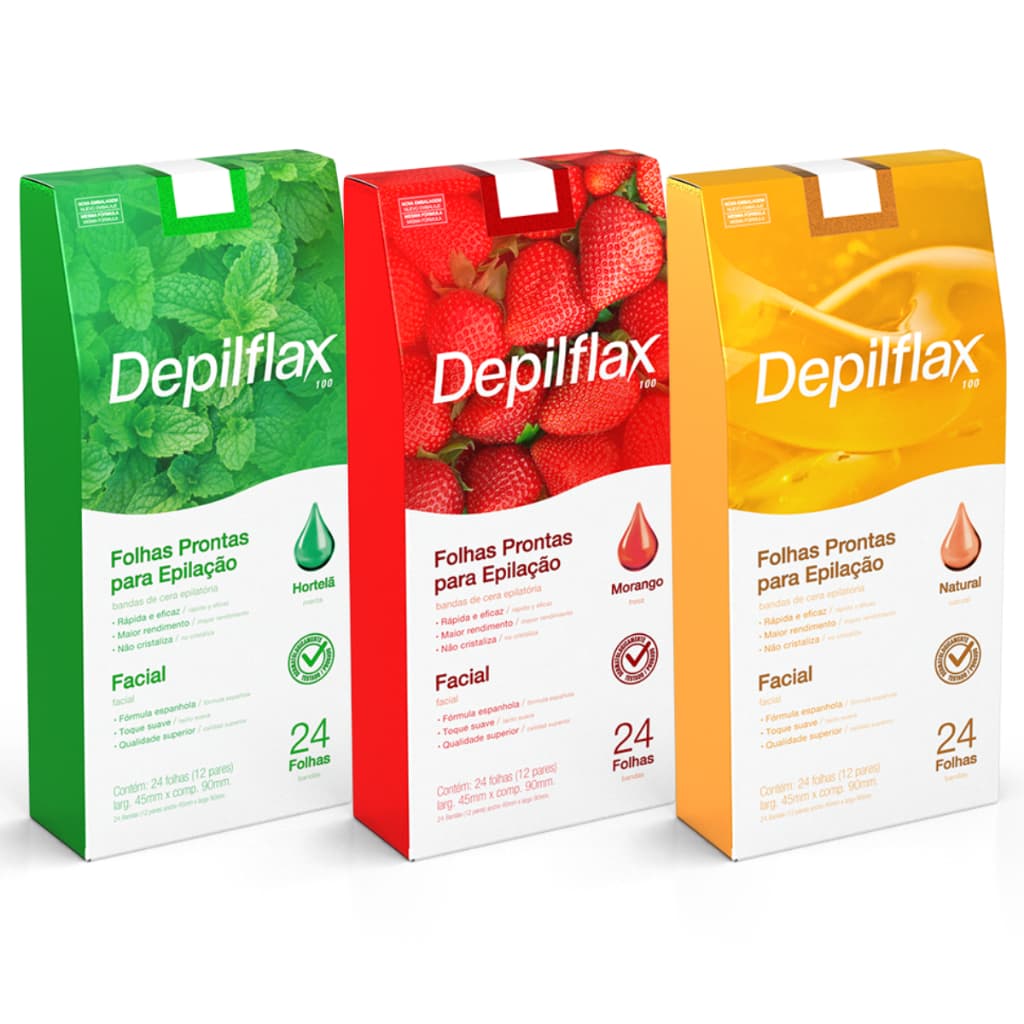 Depilflax 24 Folhas Depilação Facial Morango Natural Hortelã Fórmula Espanhola