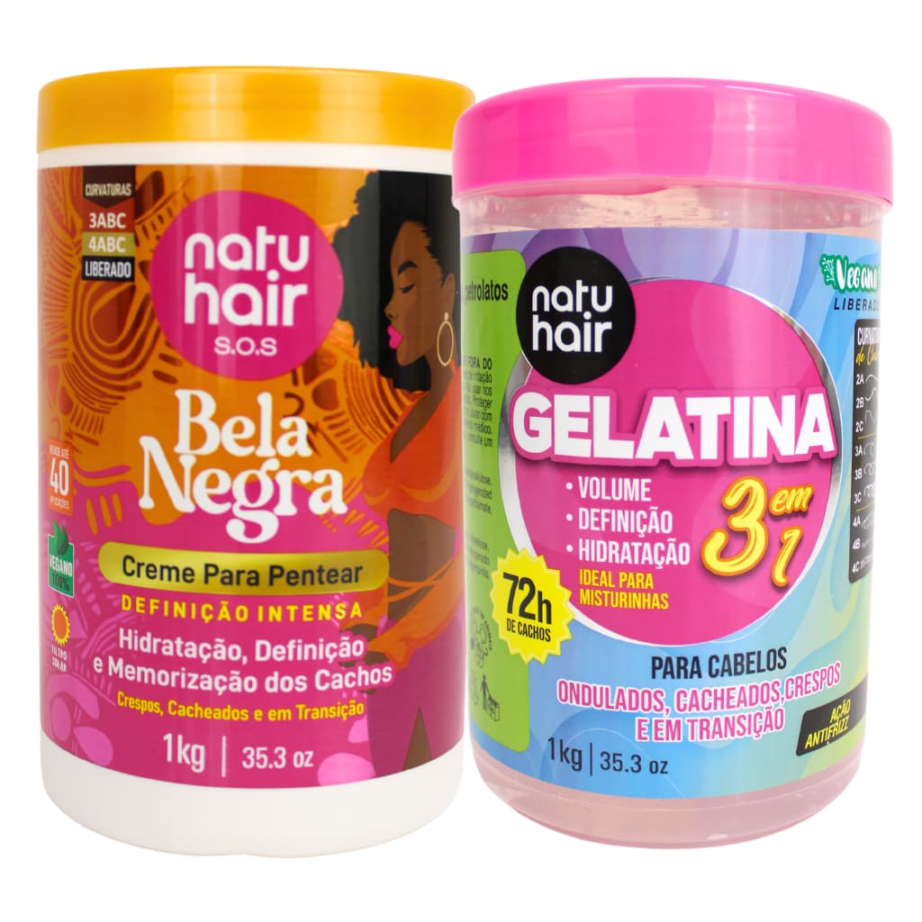 Kit Creme para pentear Bela Negra + Gelatina Modeladora de Cachos 3 em 1 Natuhair 1kg
