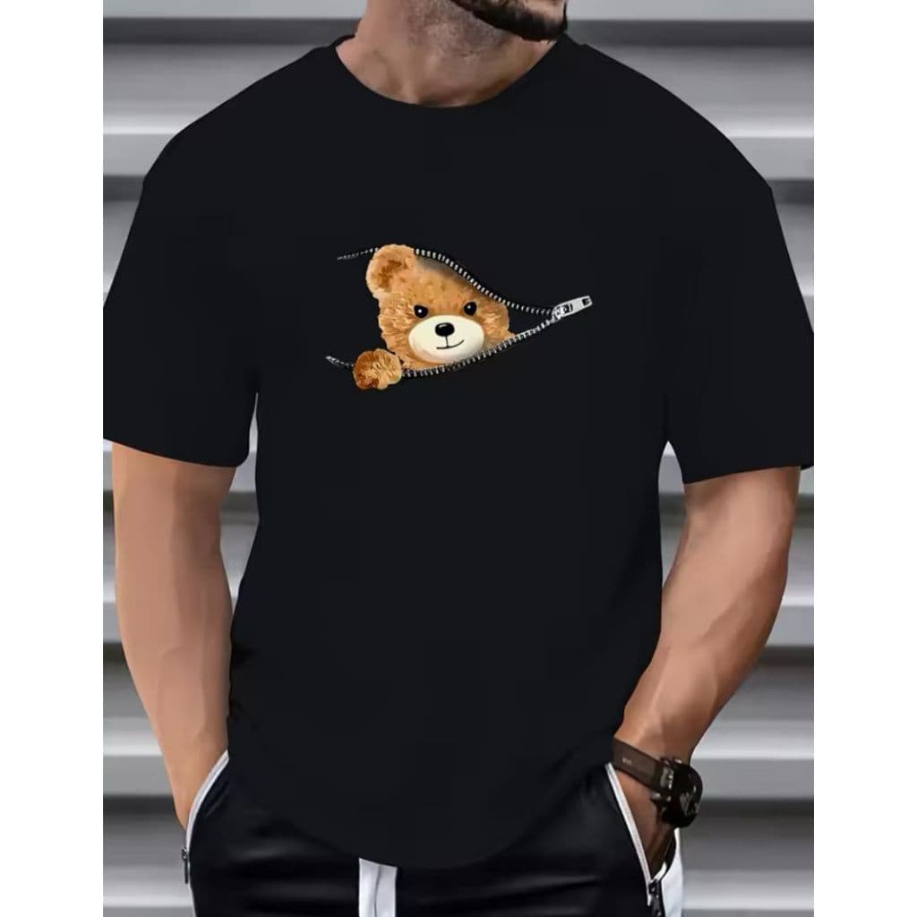 Camiseta Masculina Gola Redonda Estampado Ursinho Camisa Algodão Slim Casual