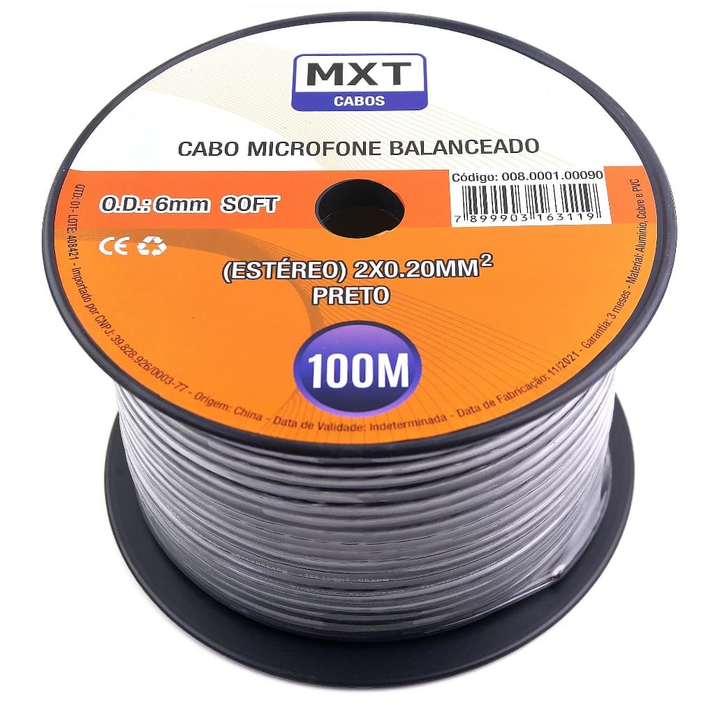 Cabo Microfone Xlr Balanceado Estereo Dmx Rolo Bobina 100m
