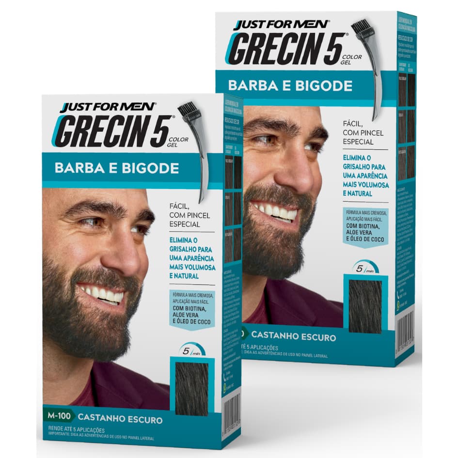 Kit 2x unidades - Grecin 5 Color Gel Barba e Bigode Castanho Escuro M-100 28g - Cobre os fios grisalhos em 5 minutos