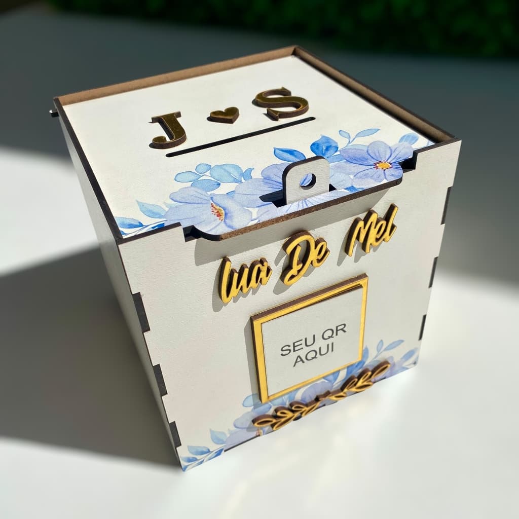 CAIXA PARA CASAMENTO LUA DE MEL AZUL FLOR AZUL SERENITY PERSONALIZADA COM INICIAIS GRAVATA