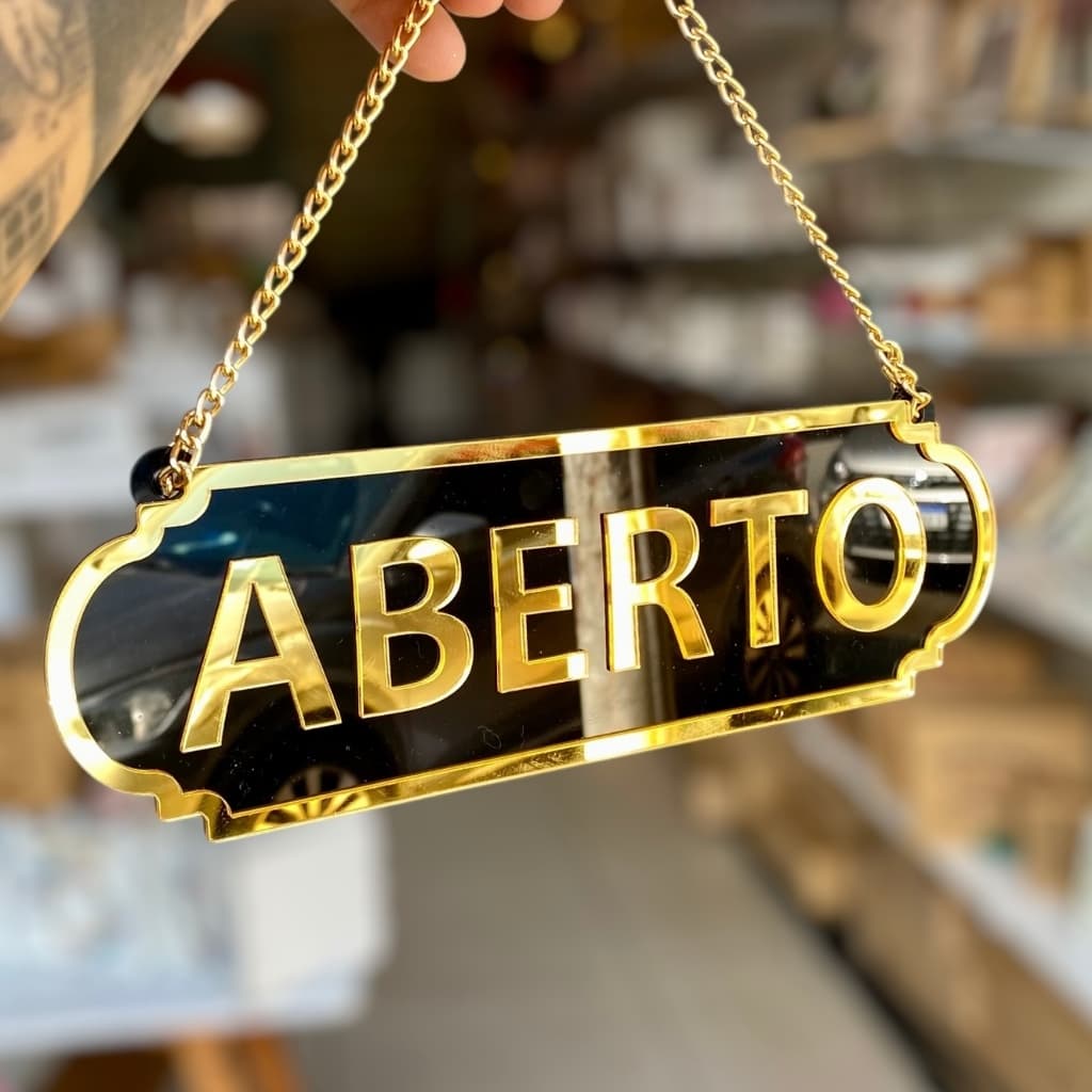PLACA ABERTO E FECHADO EM ACRILICO ESPELHADO COM VENTOSA DUPLA FACE