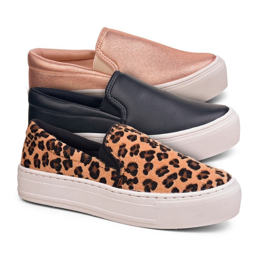 Kit 3 Tênis Feminino Casual Calce Facil Slip On Iate Plataforma
