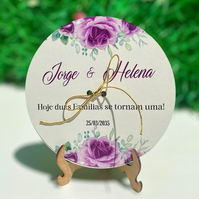 PORTA ALIANÇA PARA CASAMENTO PERSONALIZADO COM FLORES ROXA (LAVANDA) EM MDF