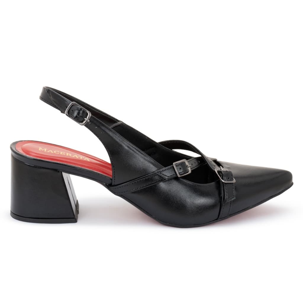 Scarpin Feminino Slingback Salto Médio Preto Verniz Fivela Original Confortável Luxo Ref: 14.304