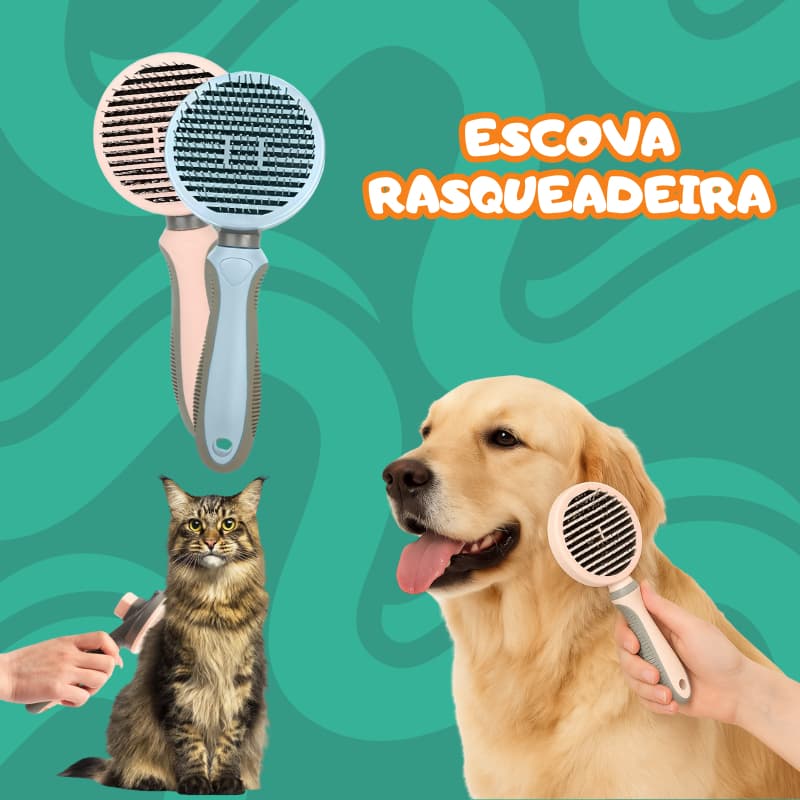 Escova Rasqueadeira Desembaraça Tira Pelos Autolimpante para Cães Gatos PETYC Emborrachada Prática