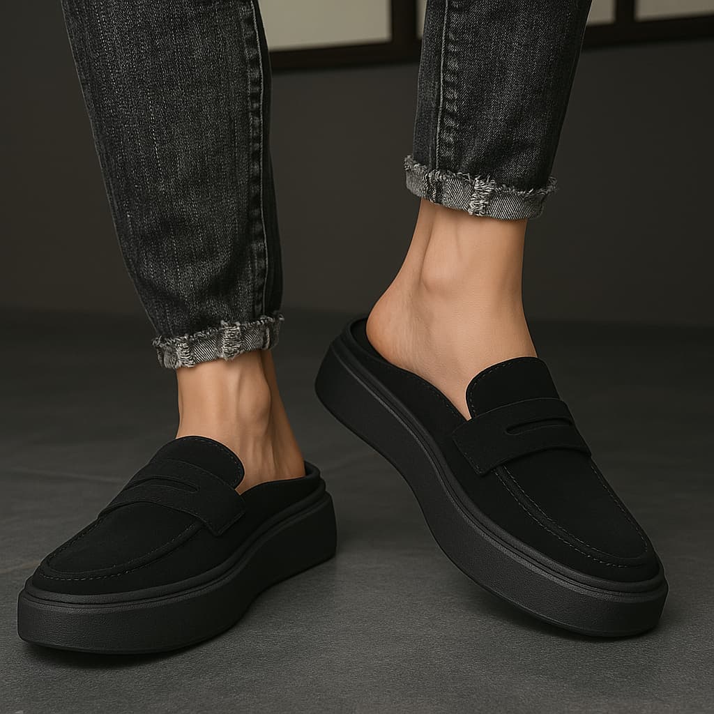 Mocassim Loafer Masculino Sneaker Mule Slip On em Couro Camurça Sola Alta Berluti