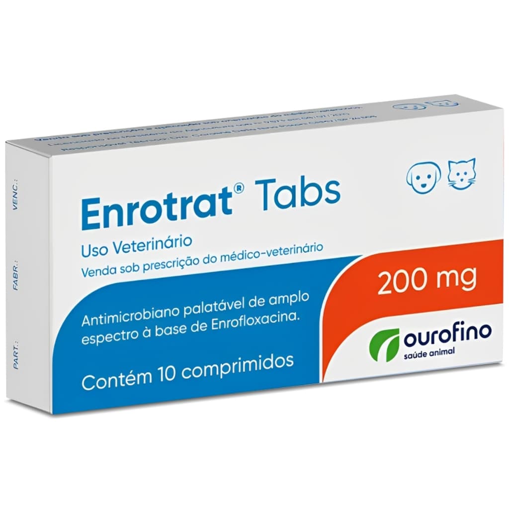 Antibiótico Enrotrat Tabs 200mg Ourofino para Cães e Gatos - 10 Comprimidos