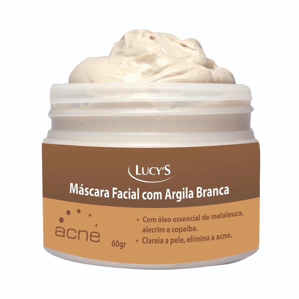 Máscara Facial Clareadora da Pele Argila Branca Tratamento Acnes e Cravos Melasma Sardas Lucy's 60g