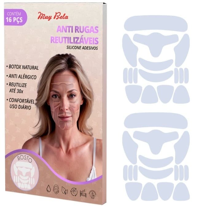 Kit com 2 Silicone Adesivo Lavável Rosto 16 peças Muy Bela Anti rugas natural Skin care Reduz Rugas Reutilize até 30x