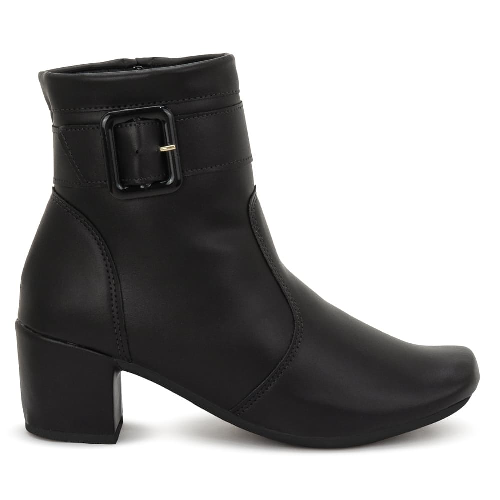 Bota Coturno Feminina Cano Curto Preto Salto Grosso Confortável com Fivela Elegante Casual Ref: 190