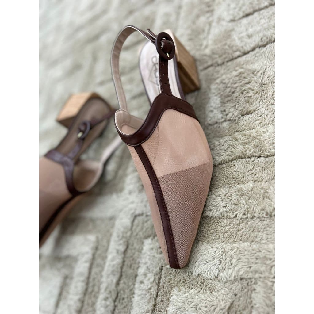 Slingback Feminino Bico Fino com Tela e Couro Ecológico  Salto Bloco Madeira 34 ao 39