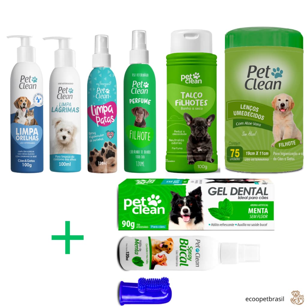 Kit Banho e Higiene Completo para Cachorro Cães e Gatos Filhote, Macho e Fêmea - 9 itens Pet Clean