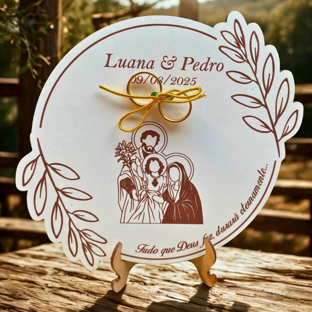 PORTA ALIANÇA SAGRADA FAMILIA PARA CASAMENTO PERSONALIZADO COM NOMES
