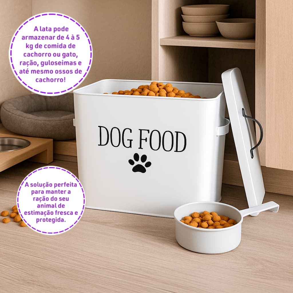Lata Porta Ração Pet Metal com Tampa Vedada e Colher Medidora - Cães e Gatos