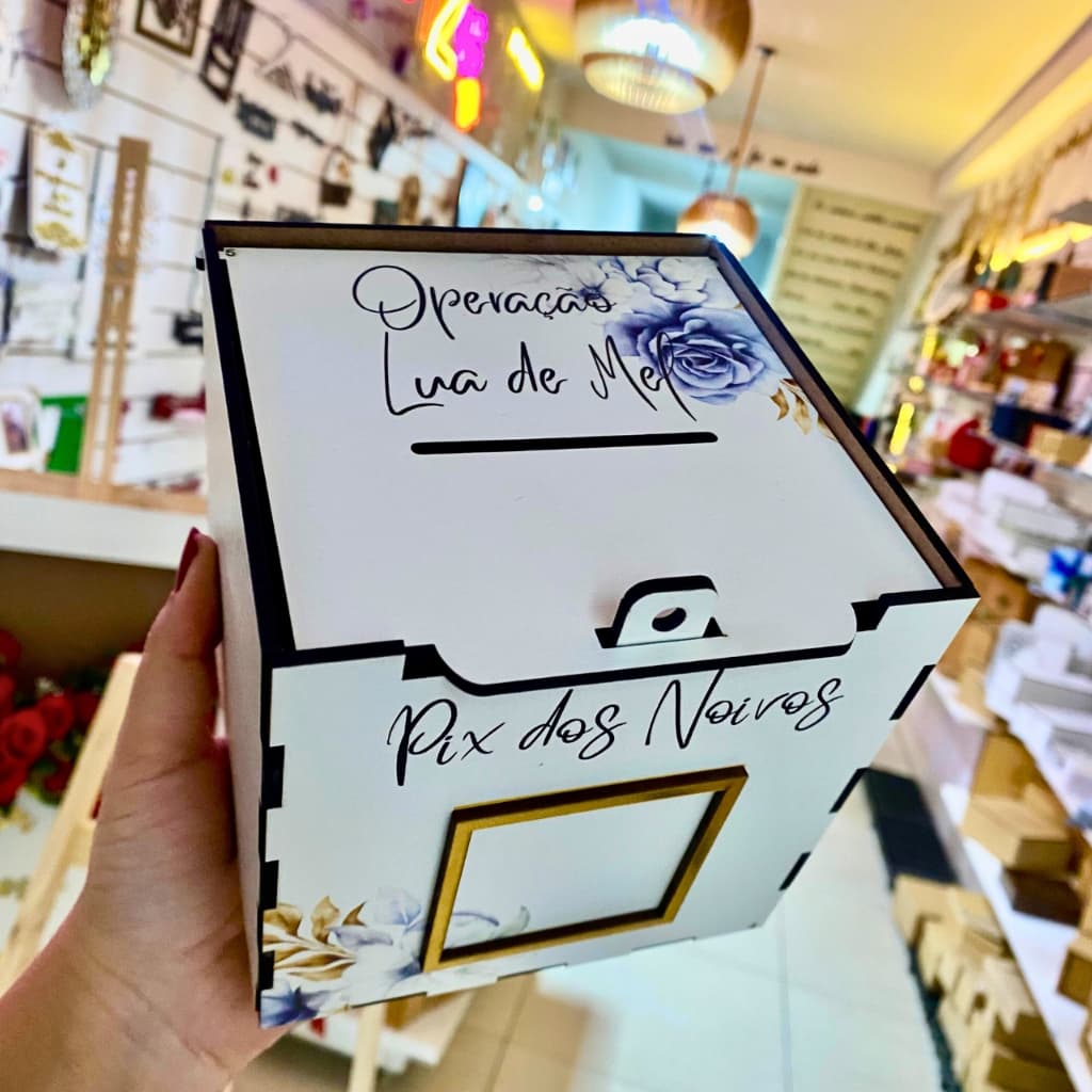 Caixa Pix Noivos Estampa Azul 13x13 MDF Branco – Caixa para Casamento