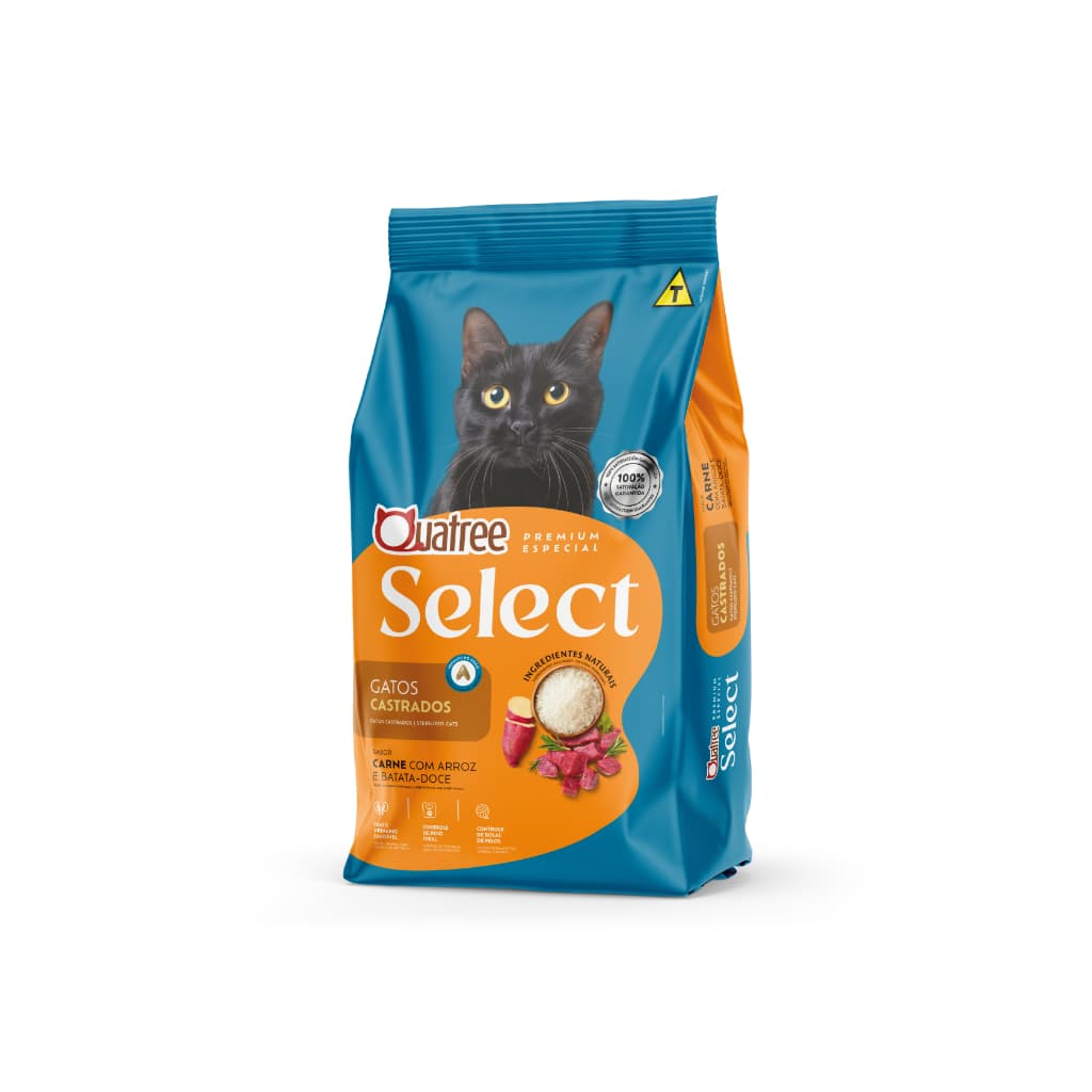 Ração Para Gatos 1KG Alimento Quatree Select Castrado Sabor Carne Arroz e Batata Doce