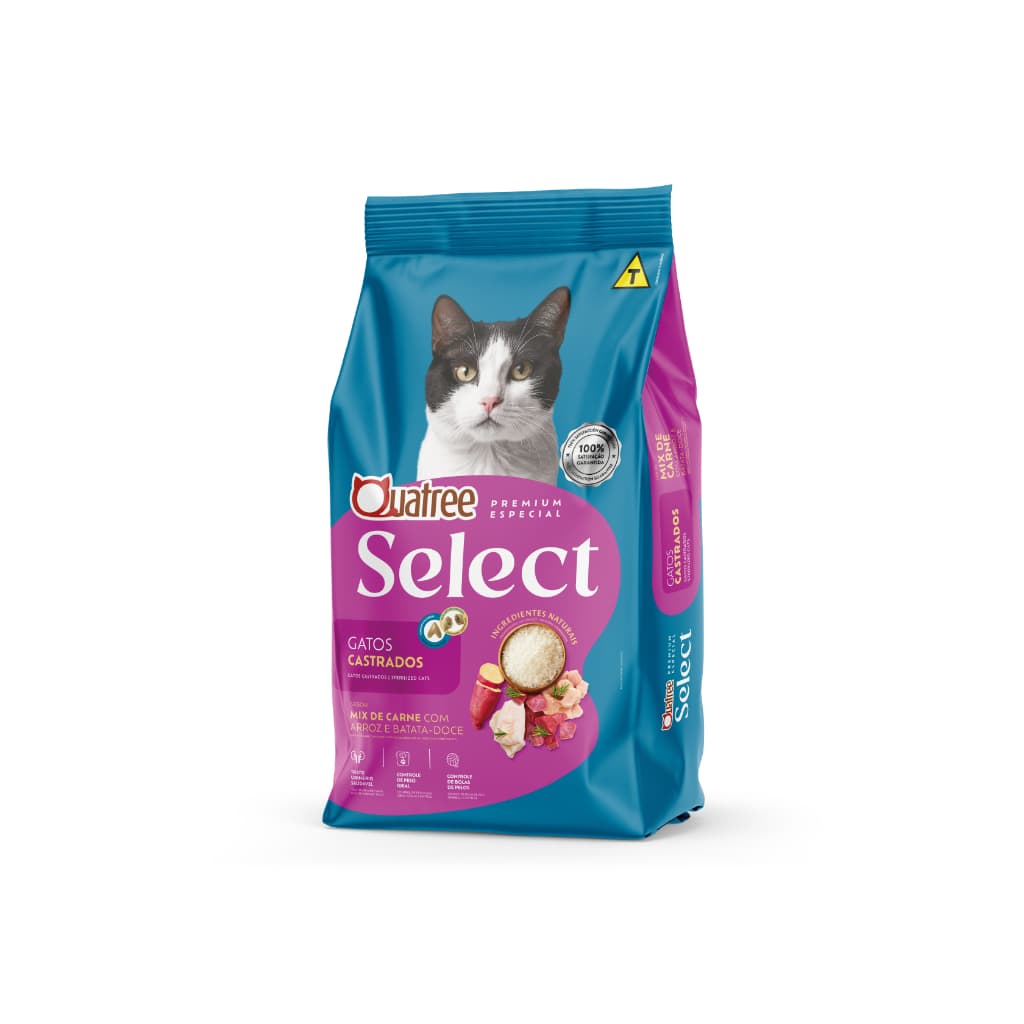 Ração Para Gatos 1KG Alimento Quatree Select Castrado Sabor Mix De Carne Arroz e Batata Doce