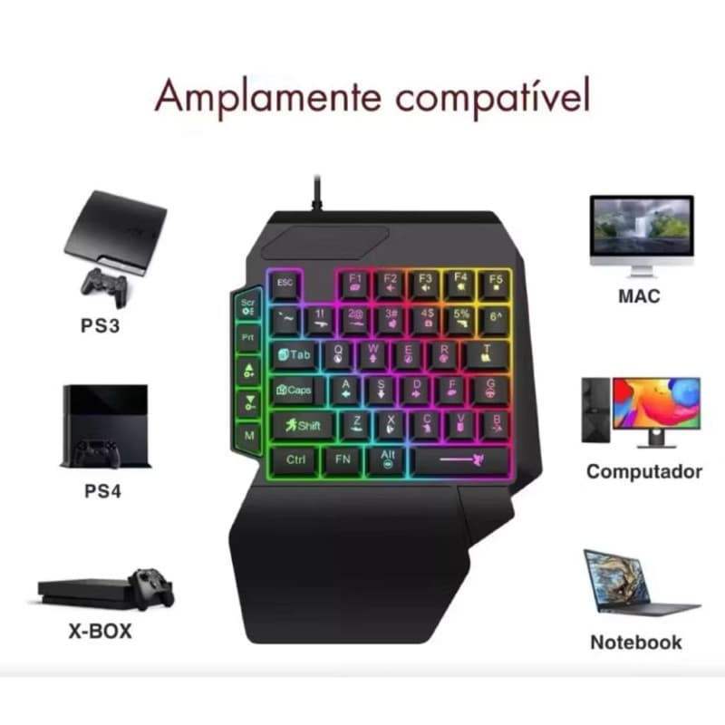 Confira Teclado De Uma Mão Gamer Português Brasil Cor Preto Luz RGB