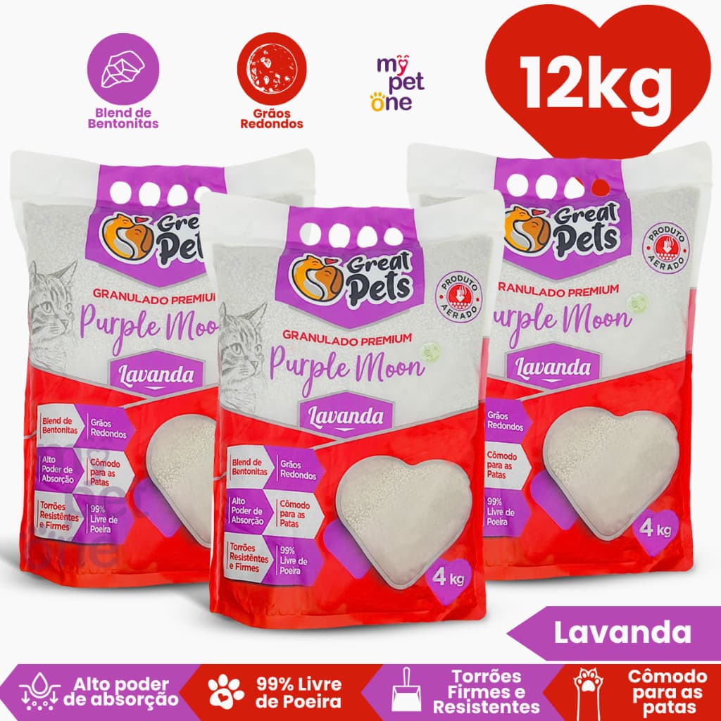 Kit 3 Areia Bentonita Esférica Premium Lavanda Great Pets para Gatos - 12Kg
