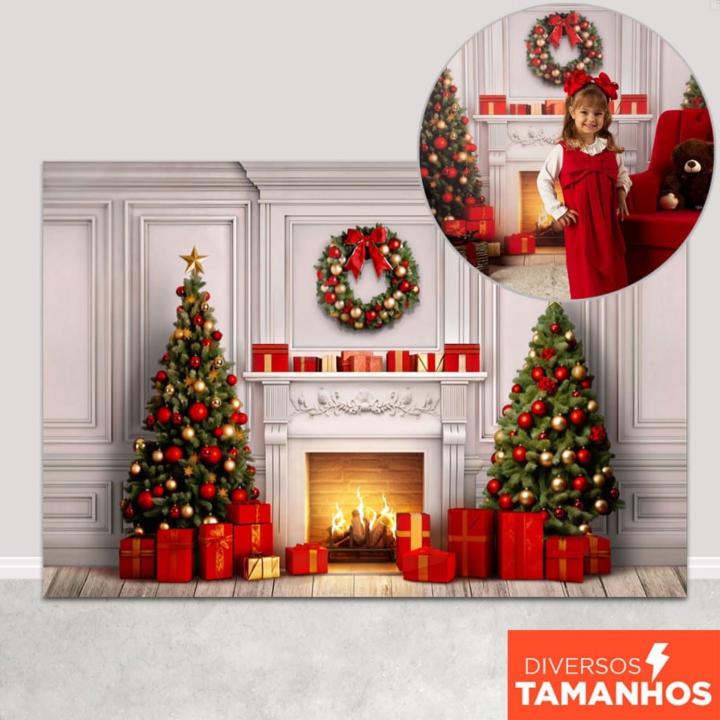 Painel de Natal Decoração Cenário Lareira Fundo Fotográfico Natalino Em Tecido Sublimado para Foto