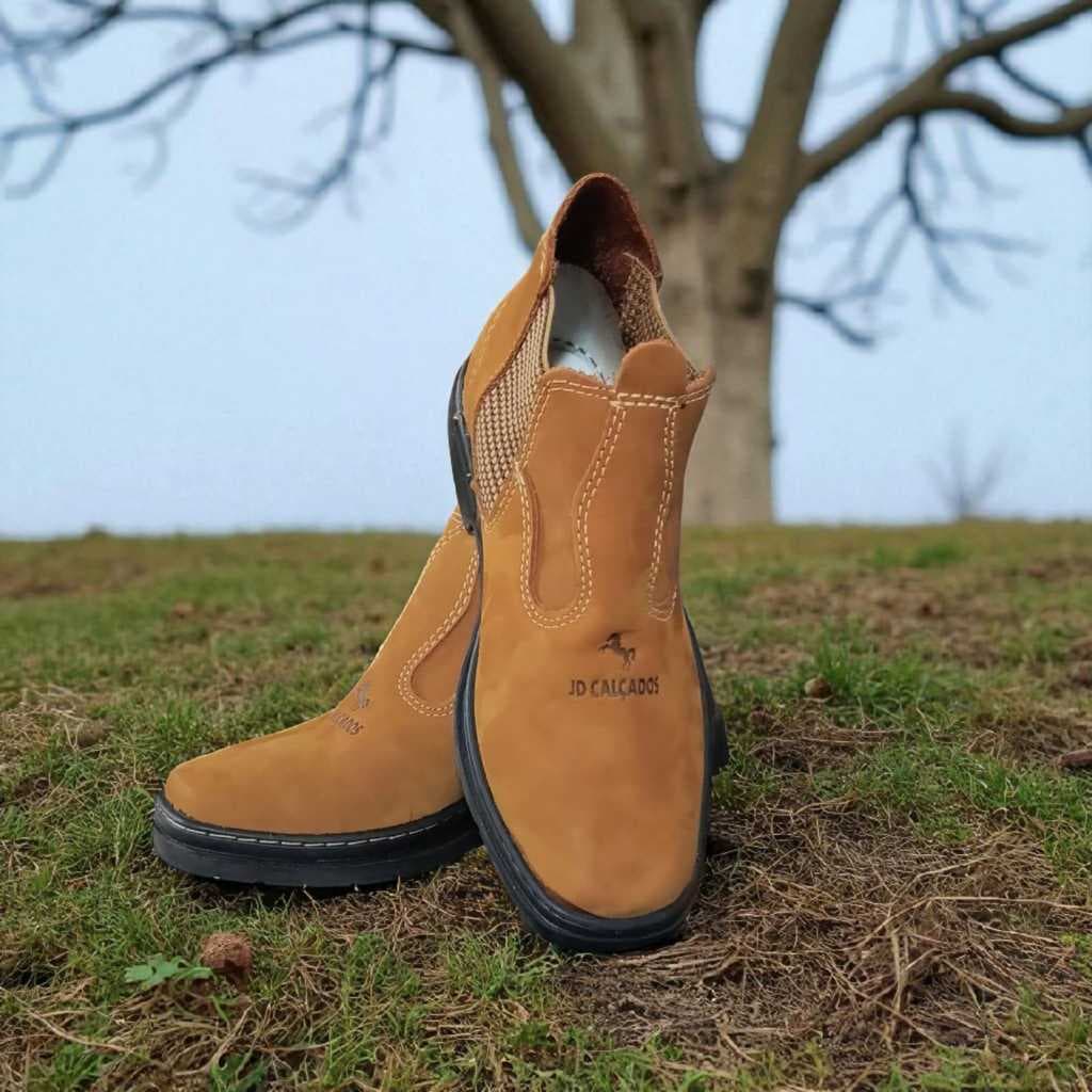 Confira Bota Masculina Botina Mateira de Elástico Em Couro Legítimo Sola Pneu