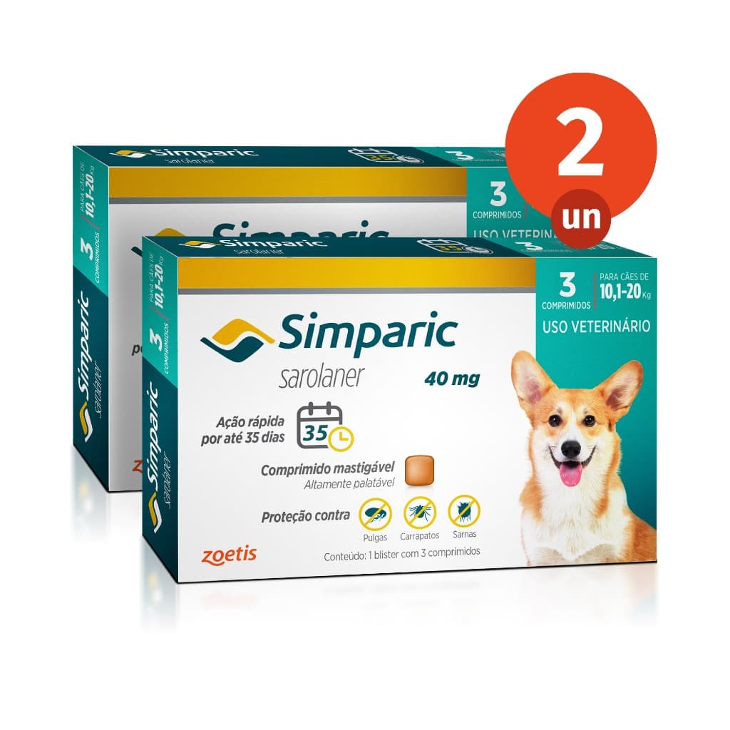 Kit 2 Simparic Antipulgas e Carrapatos para Cães de 10,1 a 20kg 3 Comprimidos 40mg Zoetis
