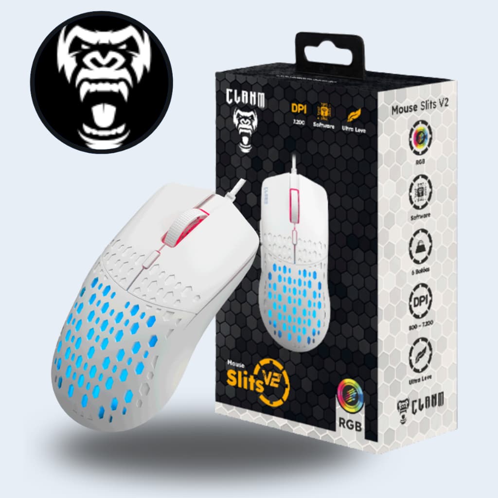 Mouse Gamer Branco Slits Clanm 7 Botões V2 7.000 DPI Led Rgb Cabo USB