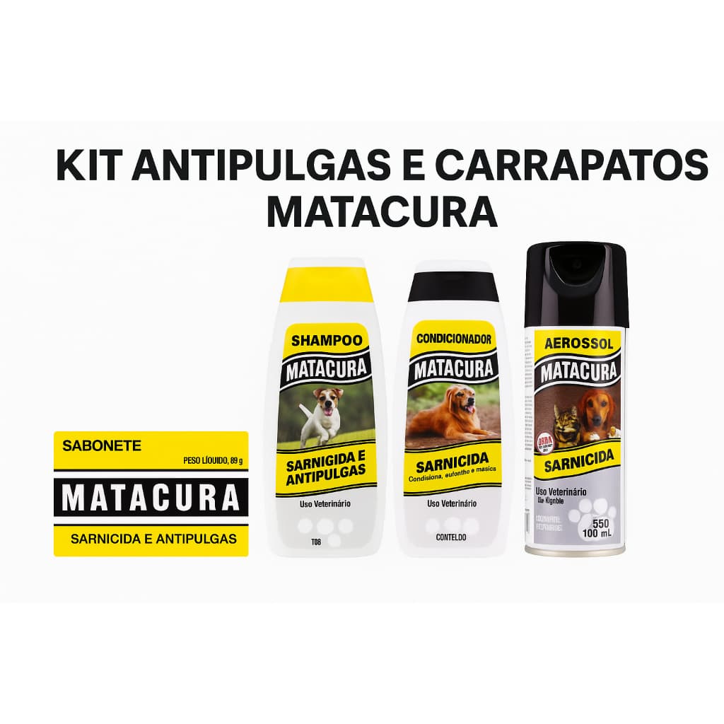 KIT SARNICIDA ANTIPULGAS MATACURA - SABONETE SHAMPOO CONDICIONADOR E SARNICIDA AEROSOL