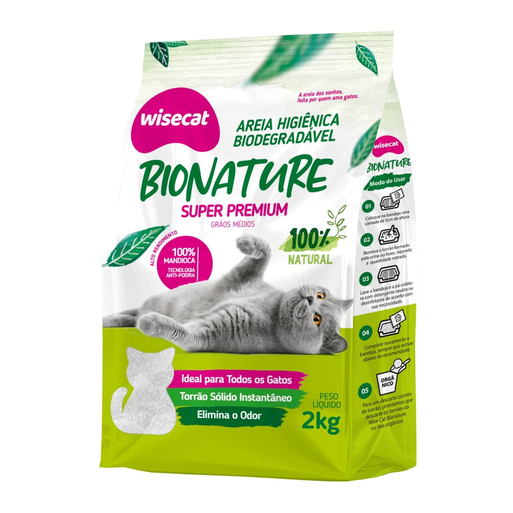 Wisecat - Areia Higiênica Bionature (Verde) - Biodegradável - Tradicional - Super Premium - 2 Kg