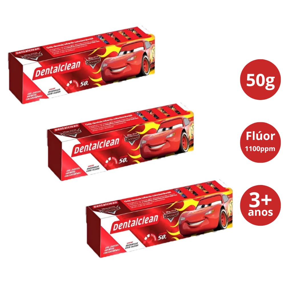 3x Gel Dental Dentalclean Carros Morango com Flúor 50g