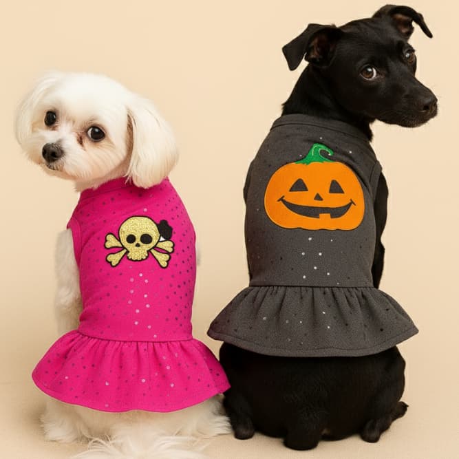 Vestido Pet Rosa e Preto com Brilho | Fantasia Caveira ou Abóbora para Cães e Gatos