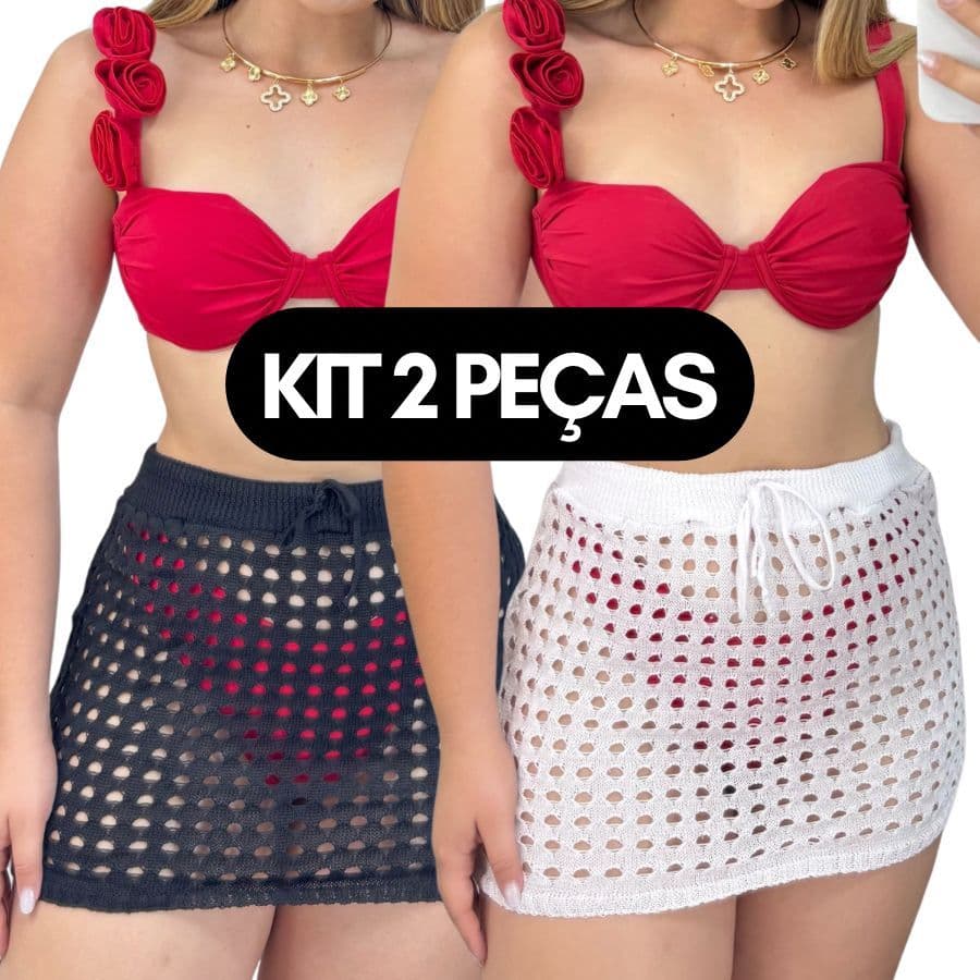 KIT 2 Saias CURTA Tricot Furadinha – Saída de Praia Feminina Estilo Verão / Mini Saia Tricô