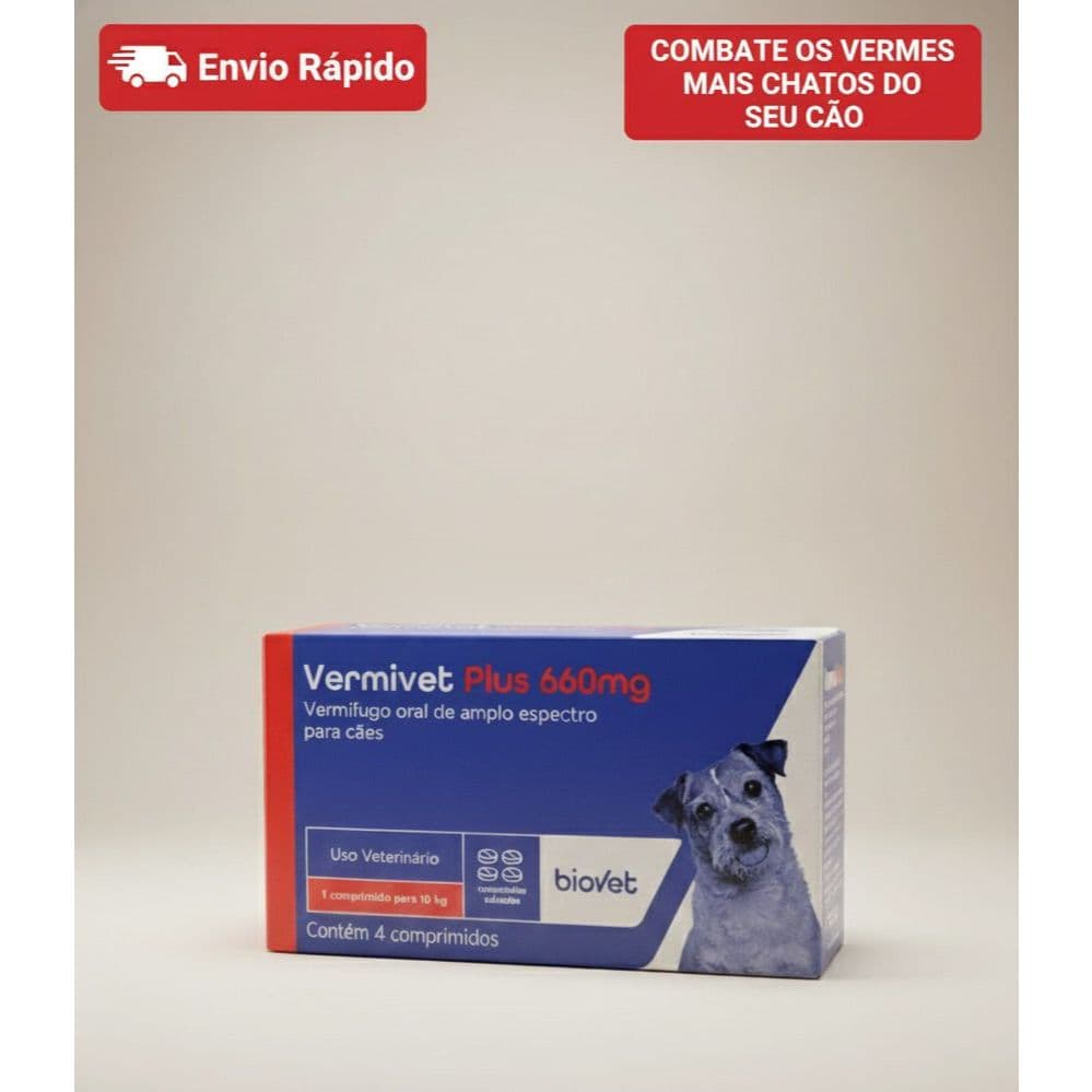 Vermivet Plus Biovet 660mg – Vermífugo para Cães Contra Lombrigas, Tênias e Vermes Intestinais – 4 Comprimidos
