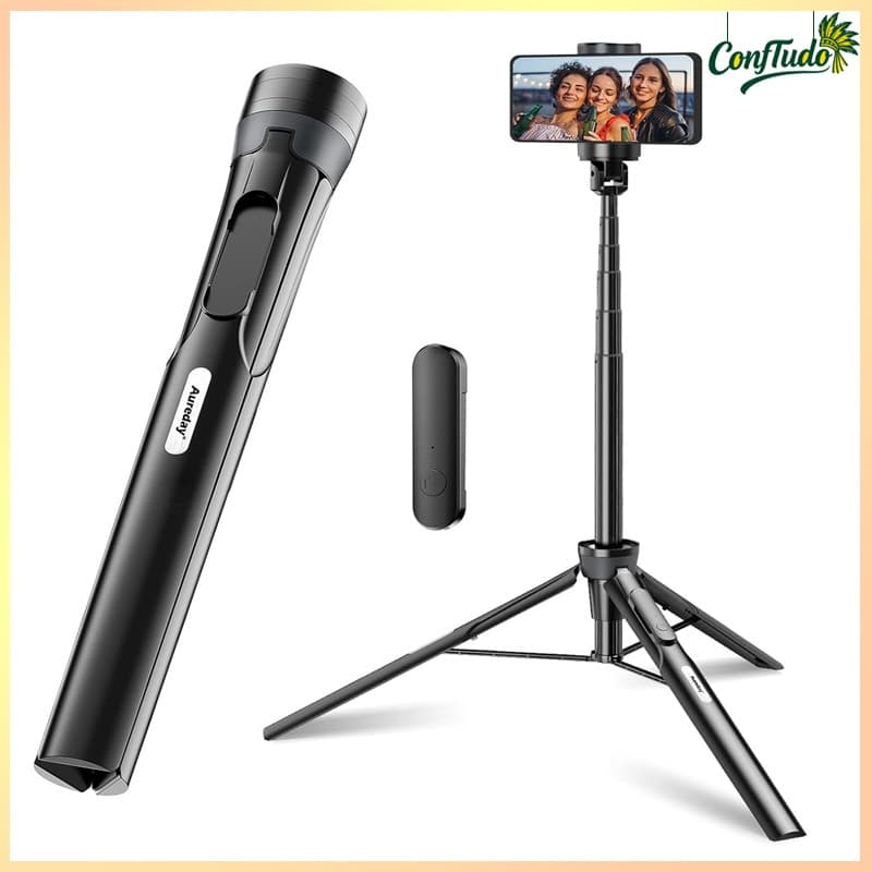Tripé para Celular 60 Polegadas/155cm com Bastão de Selfie – Leve e Todo em Um, com Controle Sem Fio Integrado (Preto)